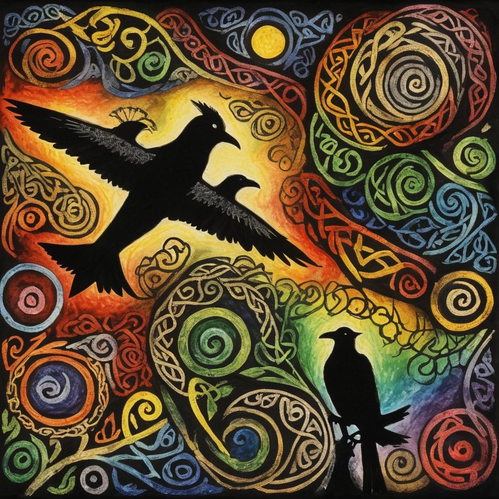 Celtic Raven Silhouette in Crayon and Ink