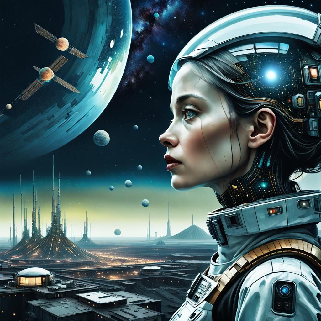 Android Gazing at Space Colony in Hyperrealism