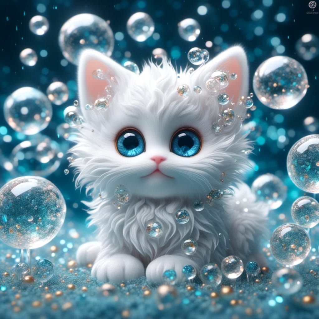 Adorable Crystal Kitten Surrounded by Bubbles