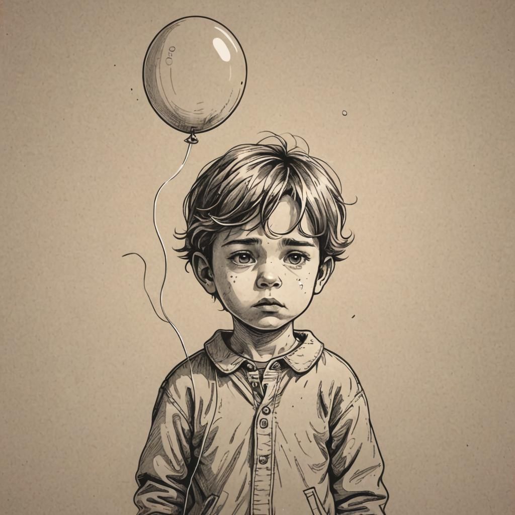 A Young Boy Mourns a Lost Balloon in a Simple Line Art Style