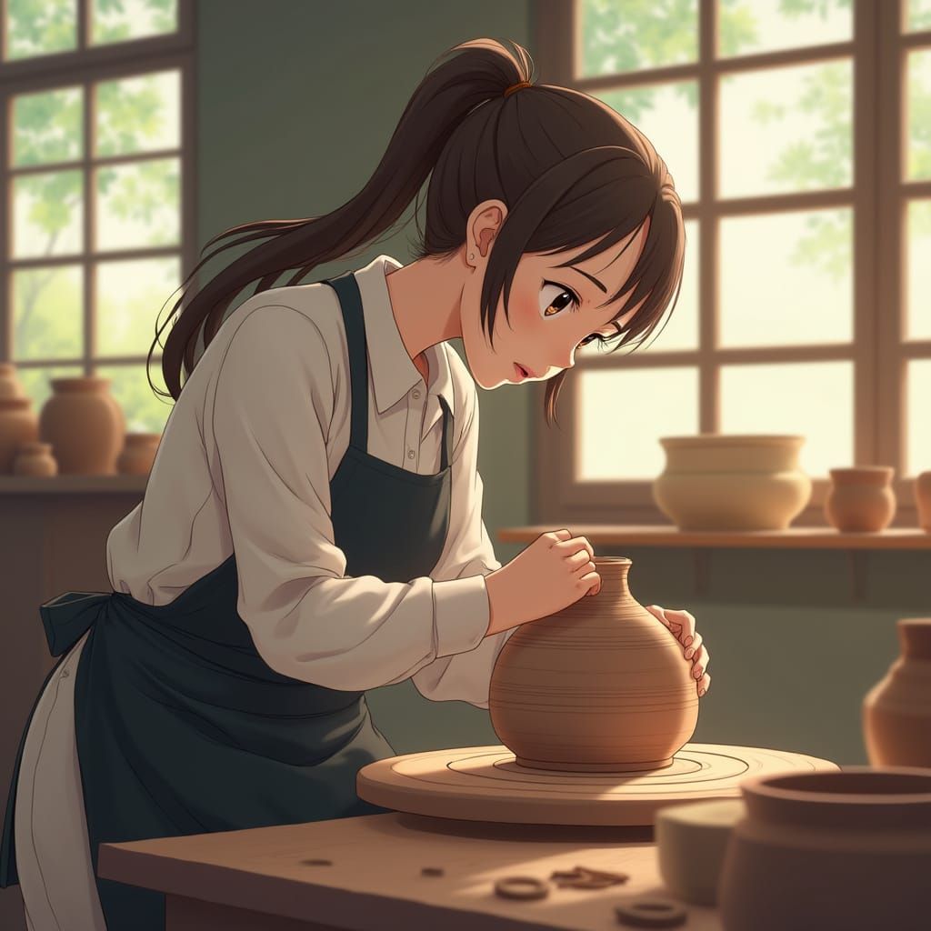 Anime Potter Shapes Clay in Sunlit Studio