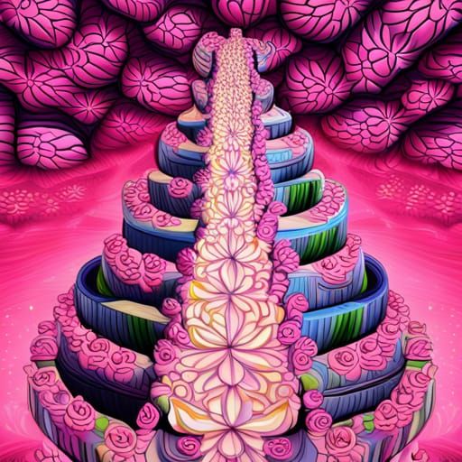 Infinite Cakes Reflected with Pink Flowers in Abstract Style