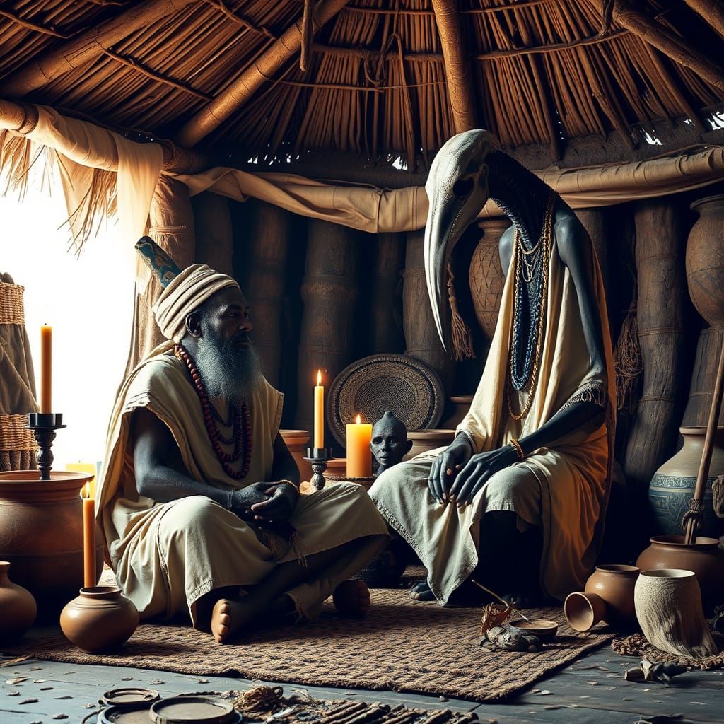 Dogon Chief in Mysterious Hut Converse with Elongated Figure