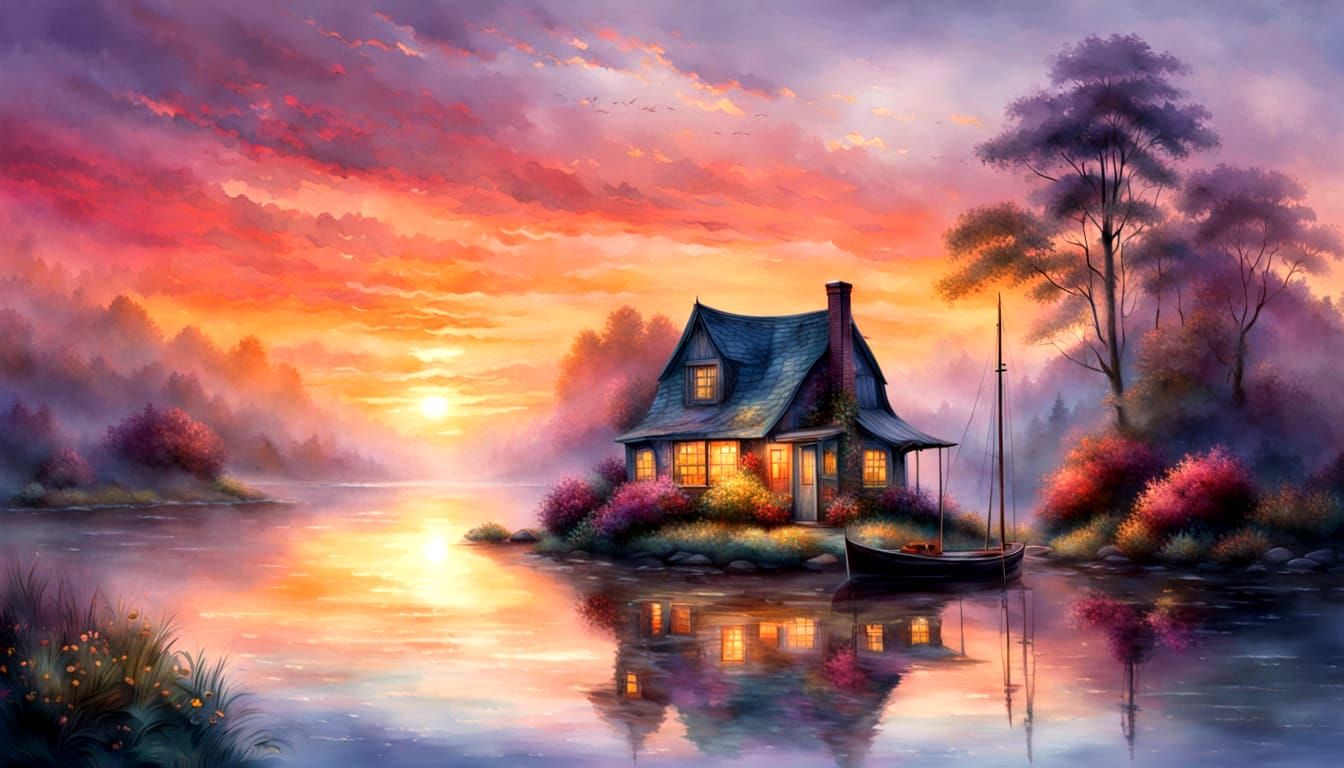 Vivid Twilight Lake Scene with Cottage in Sfumato Style