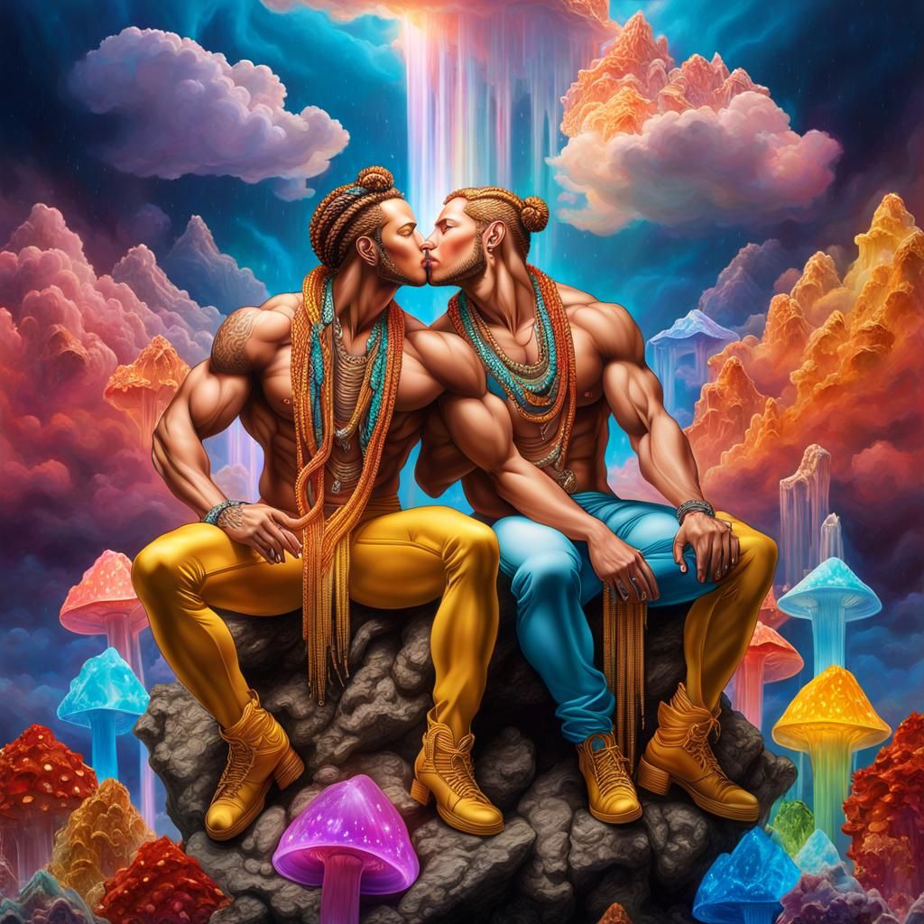 Hyperreal Men Kissing on Crystal Rock