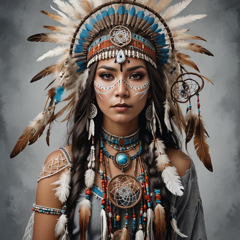 Native American Woman with Feather Fan, Digital Portrait
