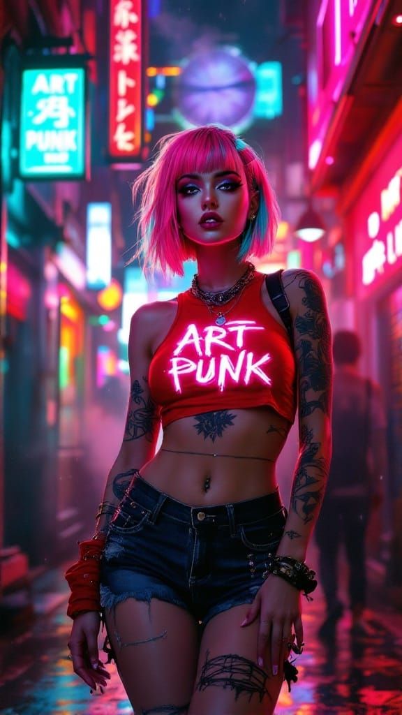 Cyberpunk Goddess Radiates Rebellious Charisma in Neon-Lit A...