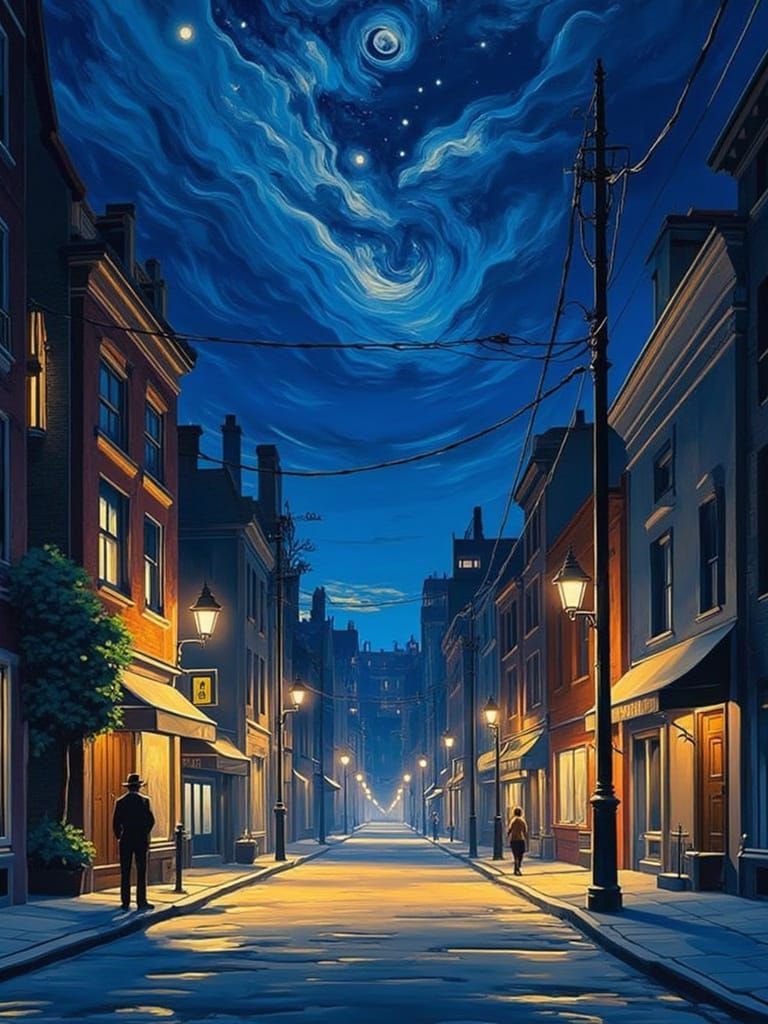 A Whimsical Street Scene Under Starry Night Skies