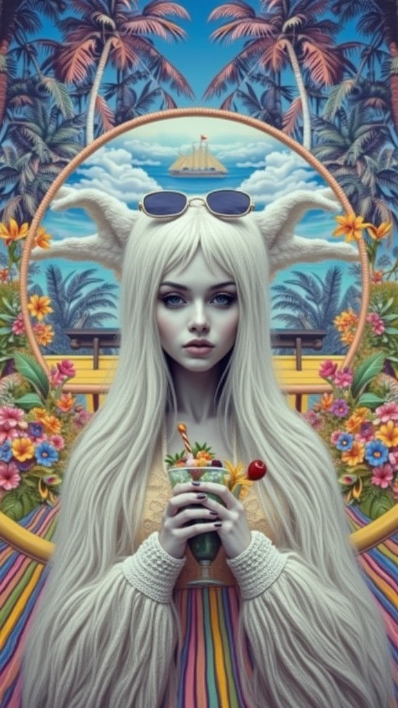 Tropical Beach Sipping Piña Colada, Vibrant Art Style