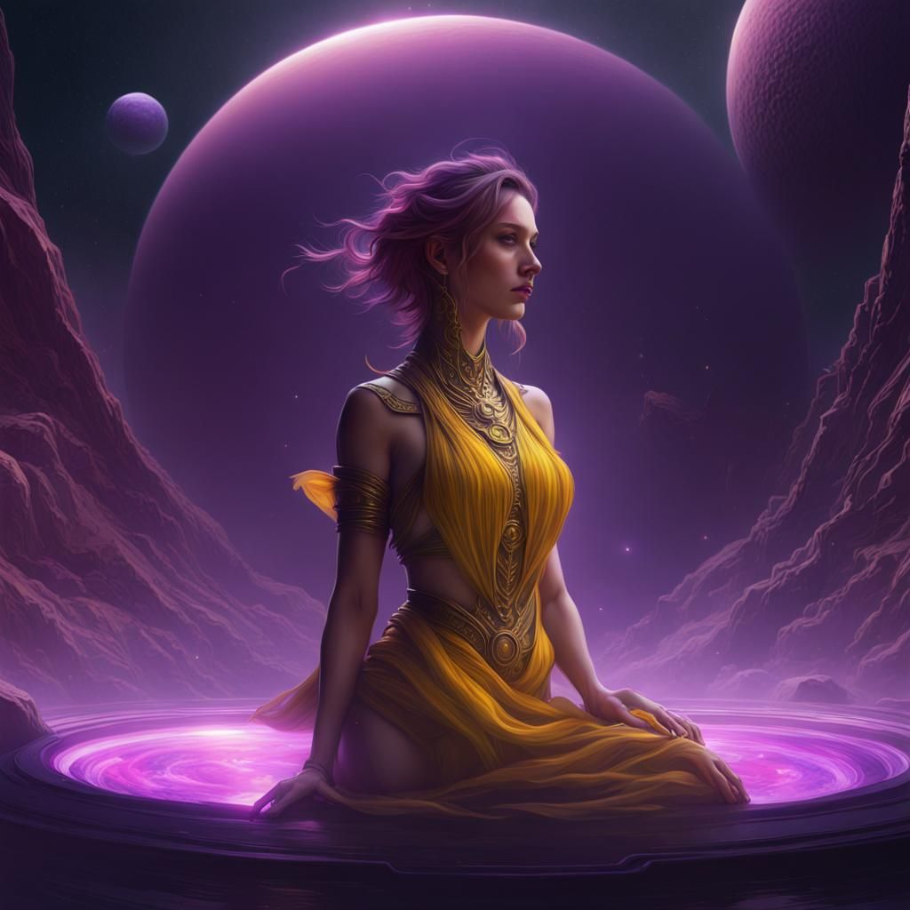 Feminine Silence Among Planets in Dark Fantasy Style