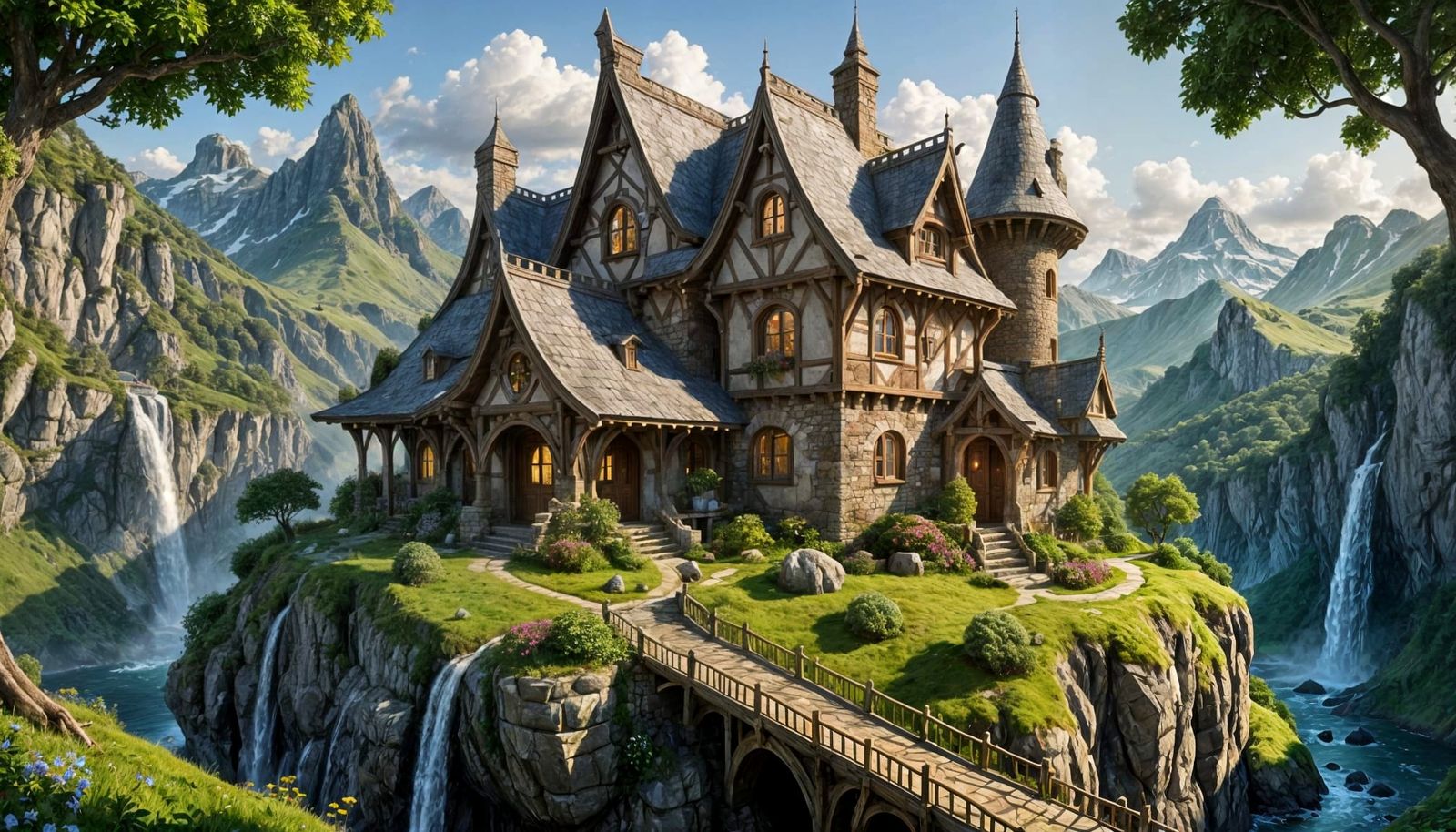 Whimsical Elven Castle on a Cliffside Waterfall