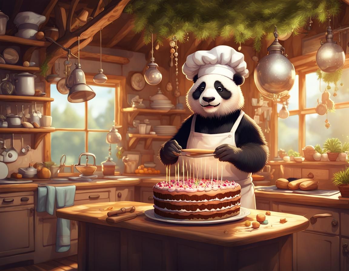 Panda Chef Baking Cake in Treehouse Kitchen