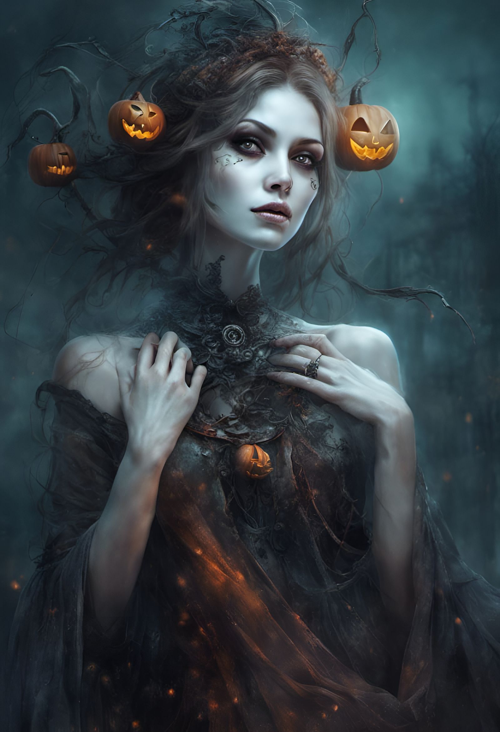 Haunted Goddess Portrait for Halloween, Hyperrealistic Style