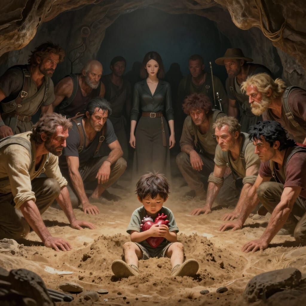 Boy in Cave with Heart Watched by Figures