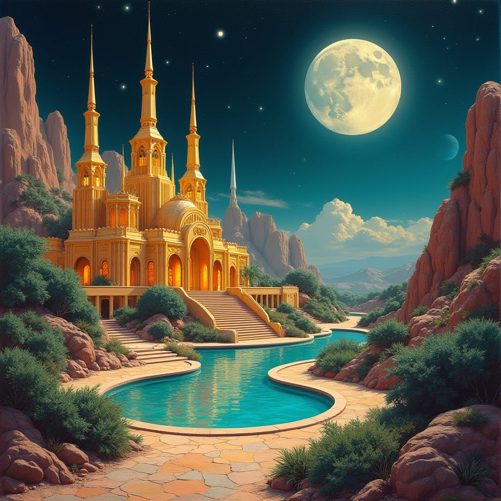 Art Deco Lunar Colony in Neo-Impressionism Style