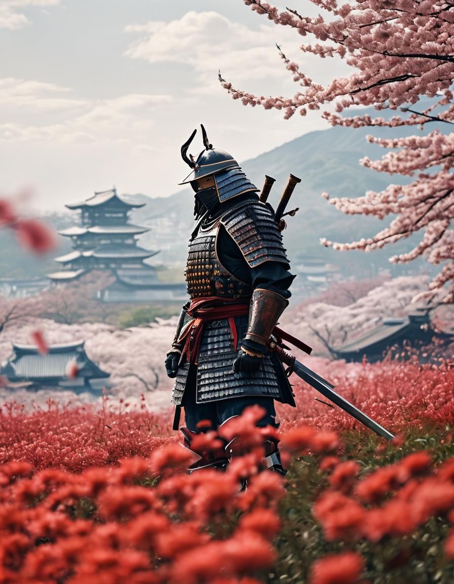 Armored Samurai in Flower Field Near Kyoto