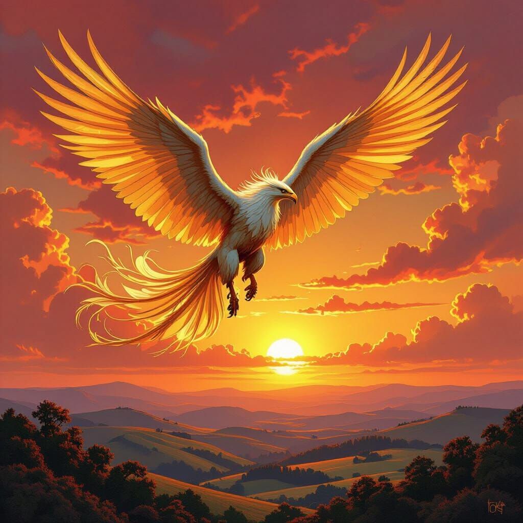 Griffin Soaring Through Sunset Sky in Fantasy Art Style