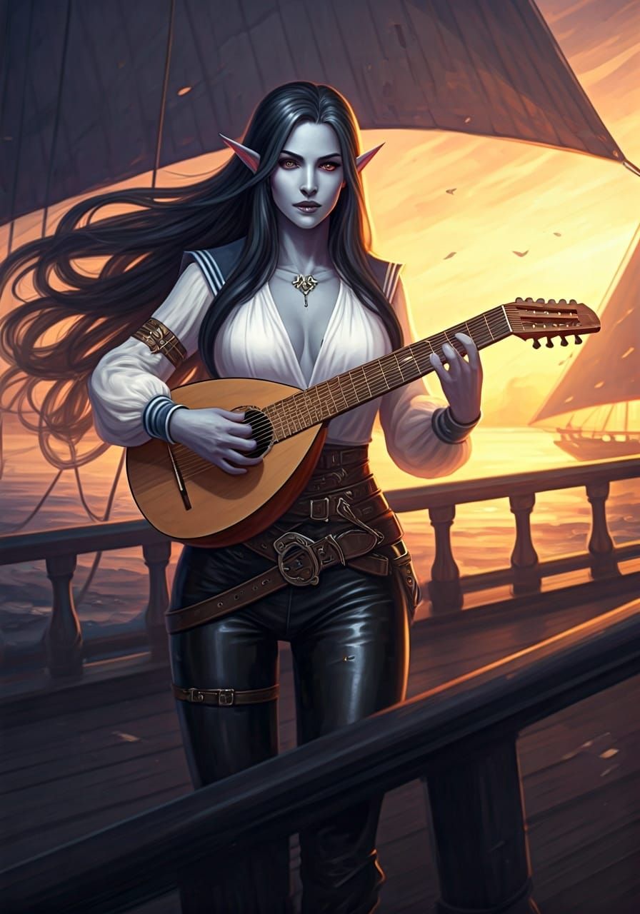 Half-Elf Lute Player in Dark Fantasy Style