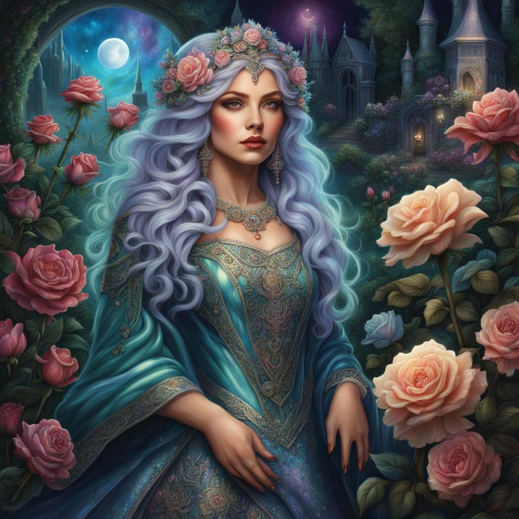 Iridescent Wizard Woman in Fantasy Garden
