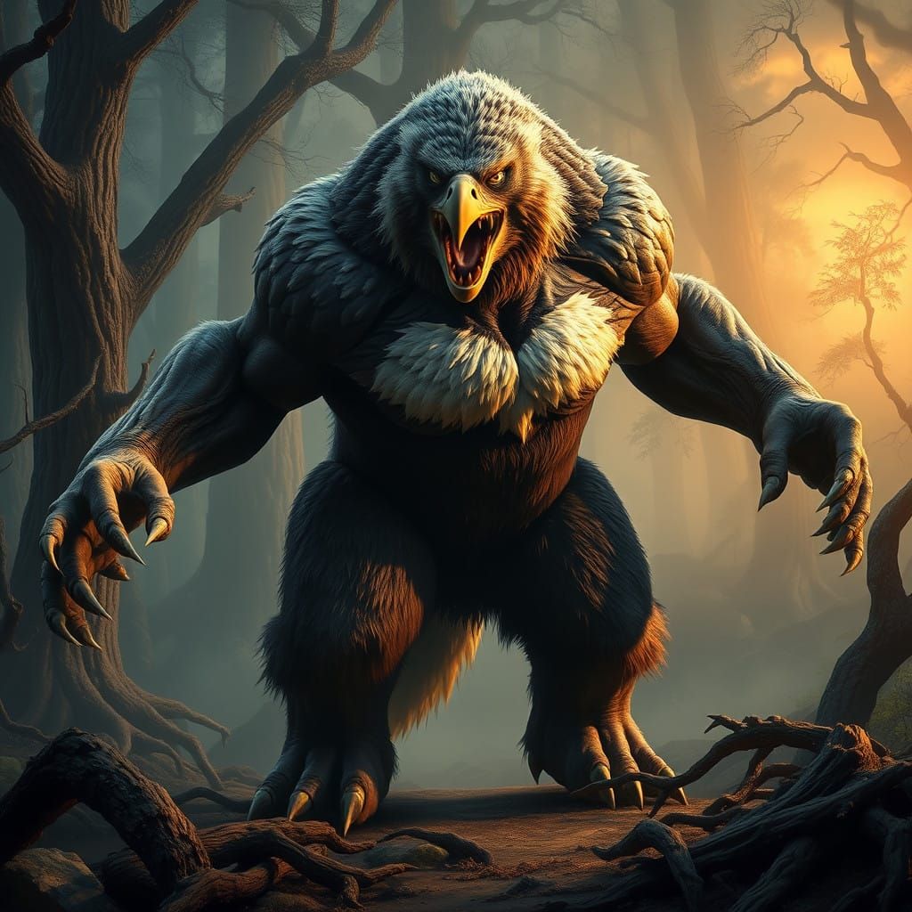 Majestic Hulk-Werewolf-Eagle Hybrid Soars Amidst a Mystical...