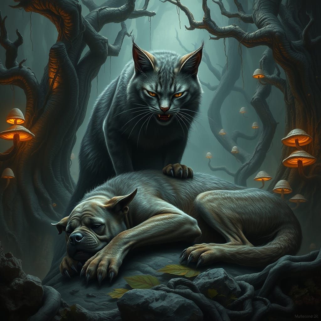 Fierce Feline Guardian of Slumbering Beast in Ancient Forest