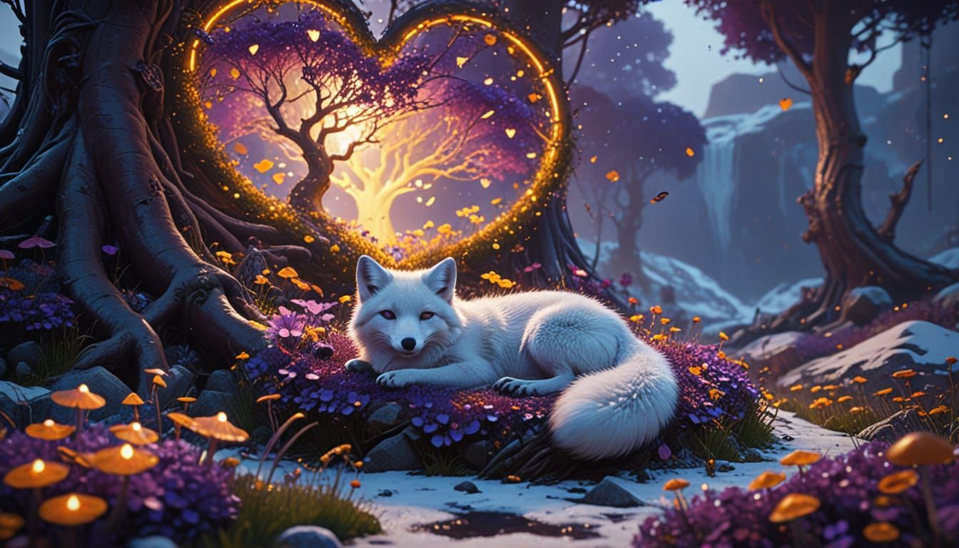 Ethereal Arctic Fox Enjoys Dreamy Garden Oasis
