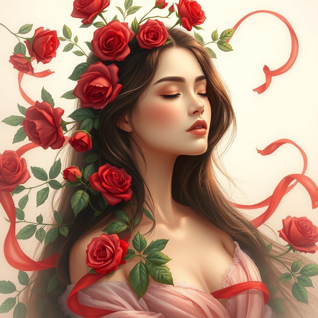 Dreamy Woman in Red Roses and Silk, in a Soft, Ethereal Land...