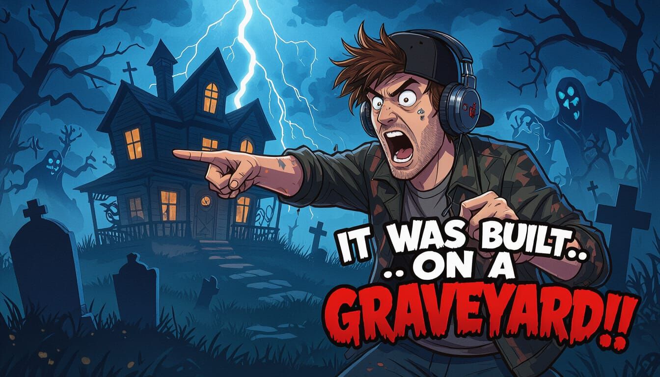 Man Yelling at Haunted House in Horror-Comedy Style