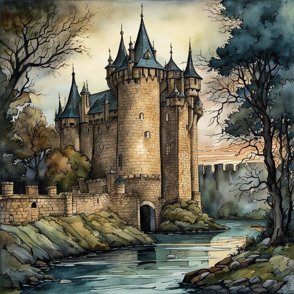 Medieval Castle and Moat at Night in Cartoon Style