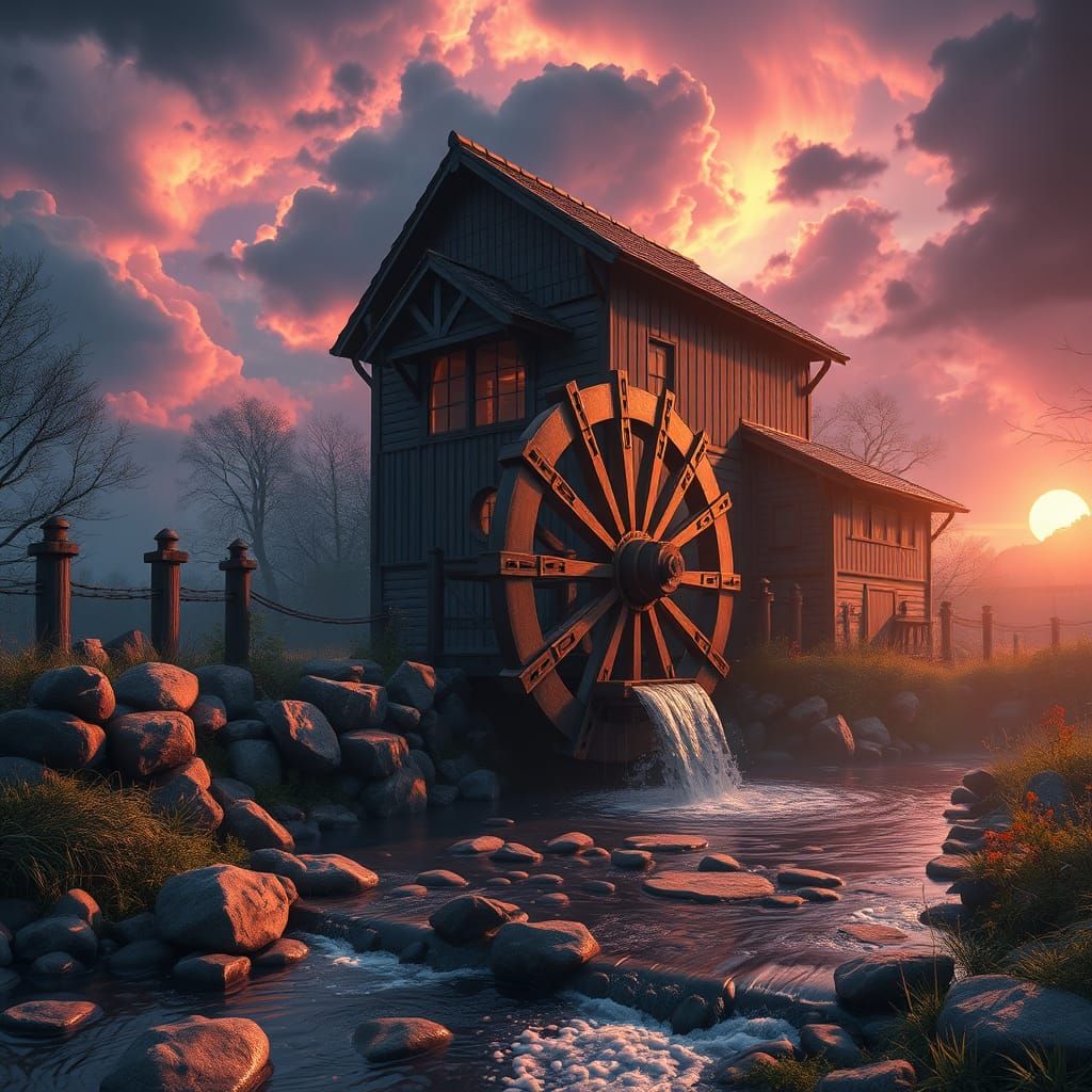 Surreal Water Wheel Illuminated by a Stormy Sky in a Minimal...