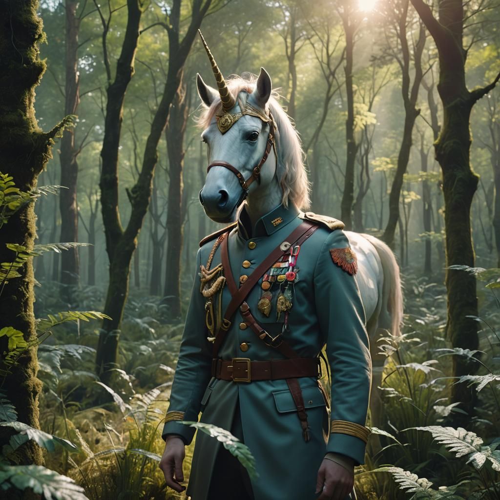 Unicorn-Human Hybrid Soldier in Mystical Forest
