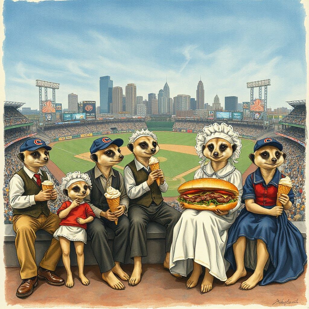 Meerkats at Baseball Game in Storybook Style