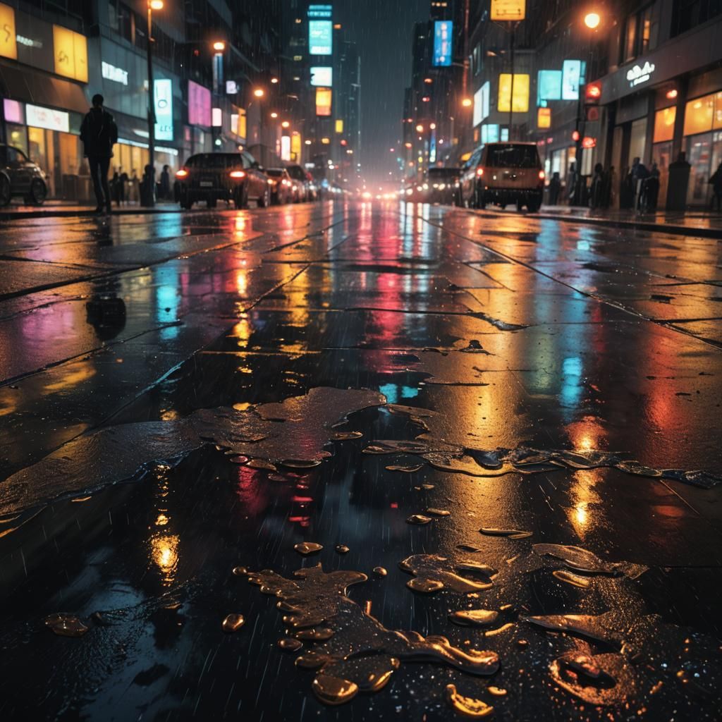 Streetlights Reflected on Wet City Street in Hyperrealism