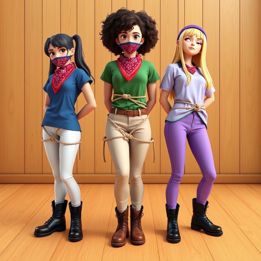 Three Women in Cartoonish Bondage, Inspired by Anime