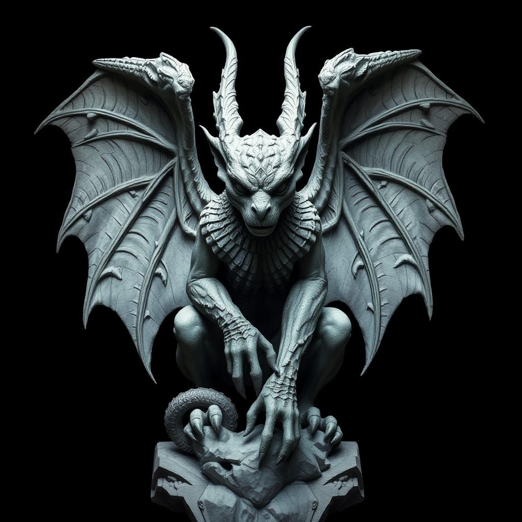 Majestic Gothic Gargoyle Sculpture in Dramatic Black Backgro...