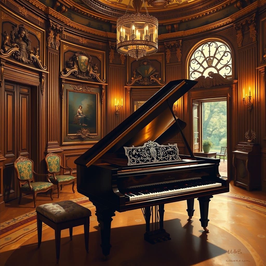 Ornate Pianoforte in Golden Light: Classical Realism