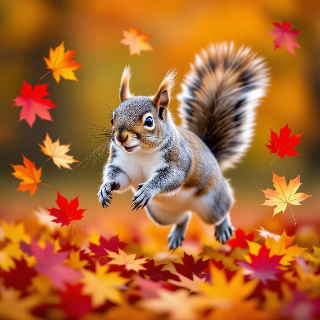 Fluffy Squirrel Leaping Through Autumn Leaves