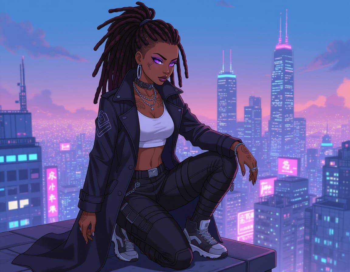 Sci-Fi Woman Gazing at Neon City in Anime Style