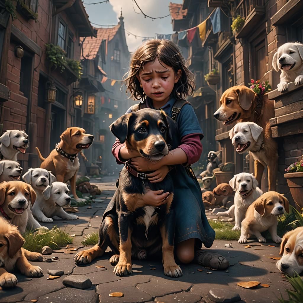 Little Girl Crying with Puppy: Detailed Matte Painting