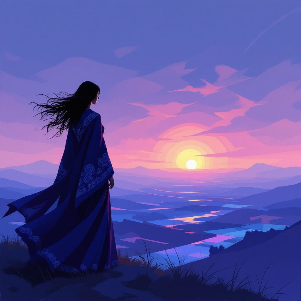 Sorceress Silhouette Over Surreal Abstract Landscape