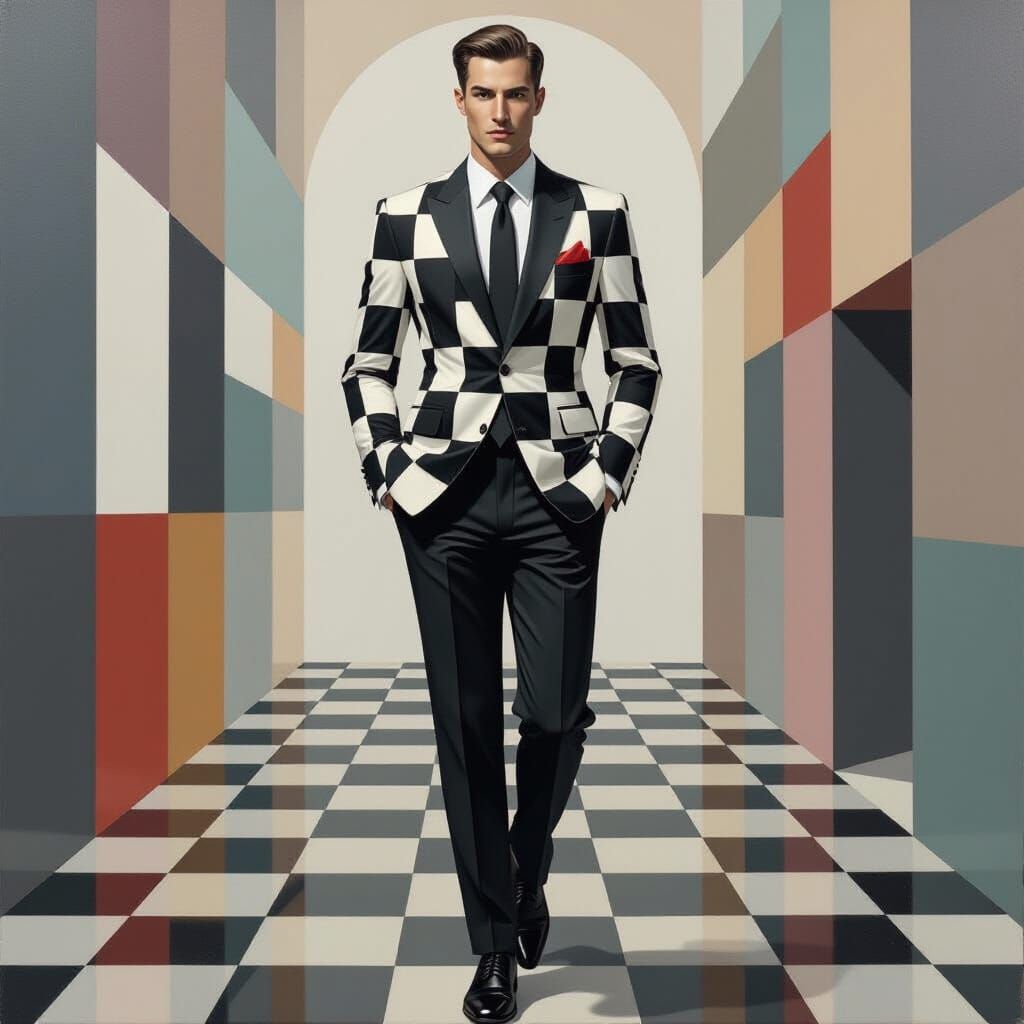 Man in Chessboard Suit, Cubist Neo-Cubism Art