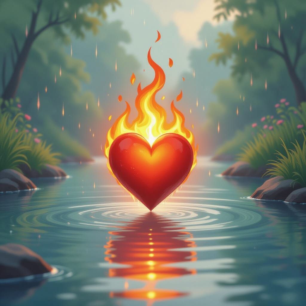 Flaming Heart Floating on River in Watercolor Style