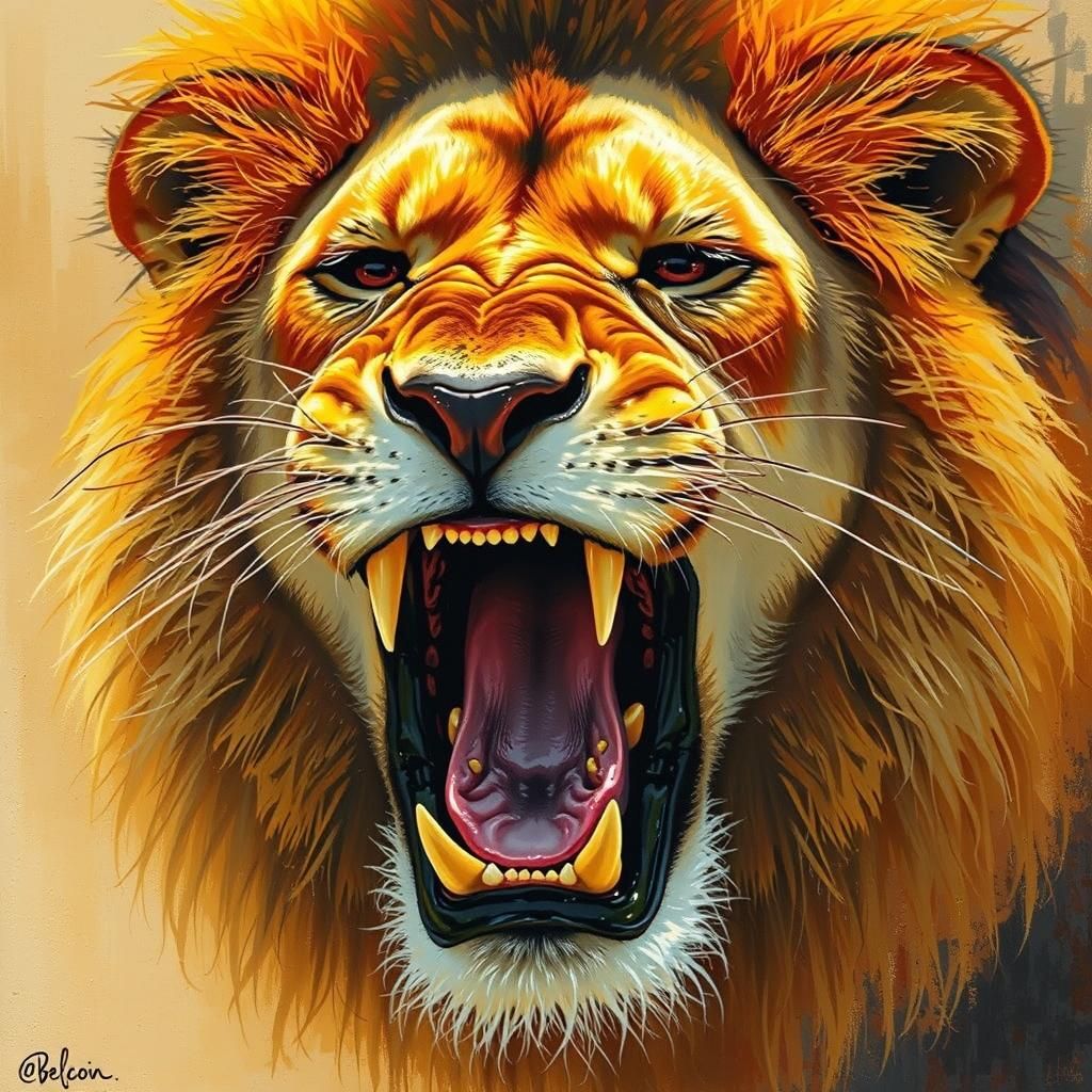 Roaring Lion's Face in the Style of Classical Art