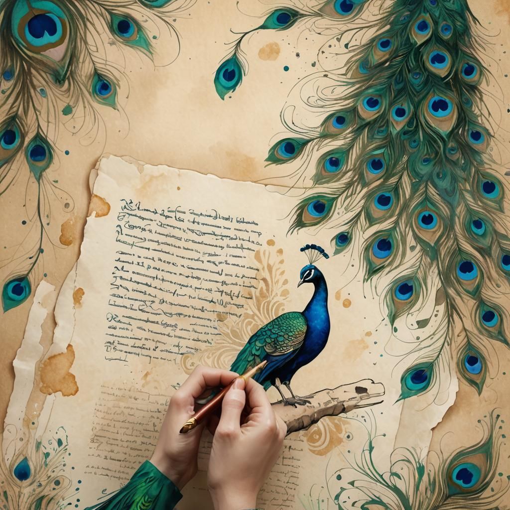 Whimsical Peacock Illustration on Parchment in Art Nouveau S...