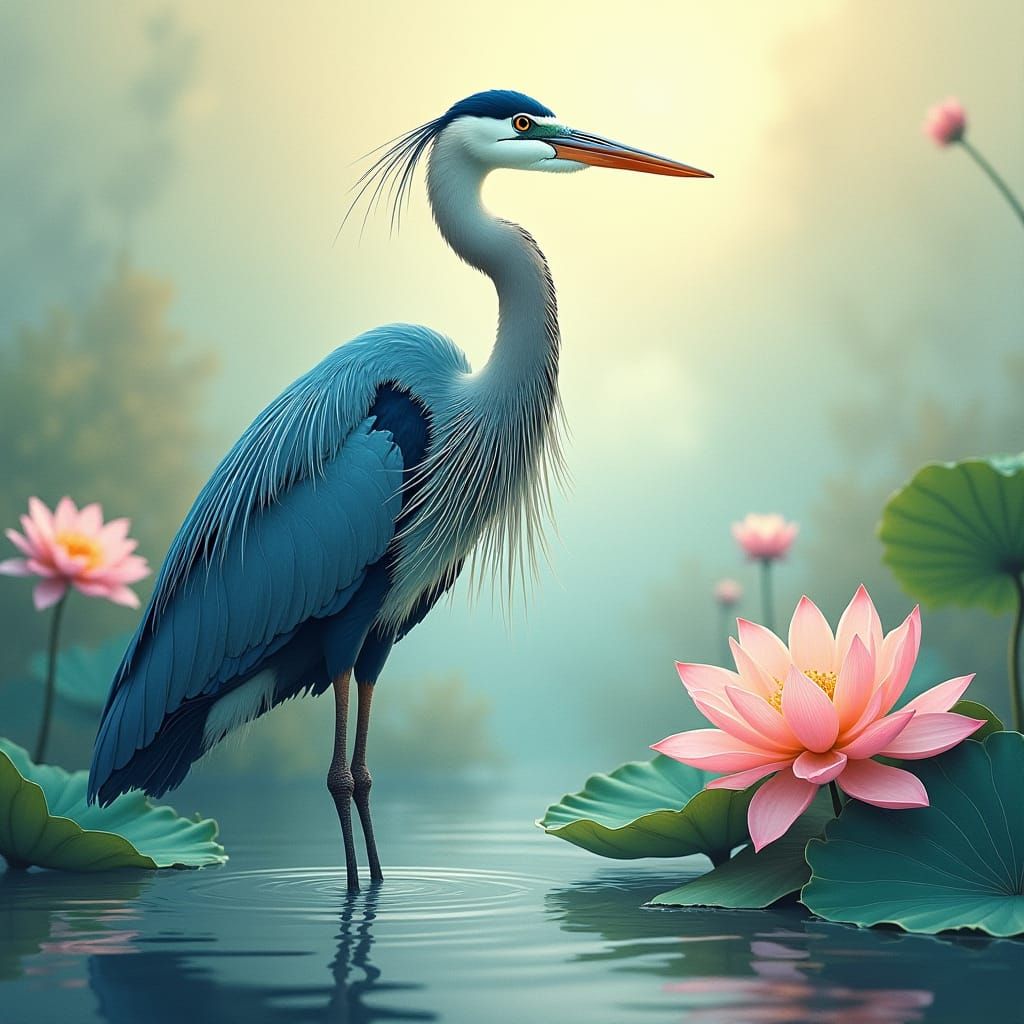 Blue Heron in Indian Folk Art Style