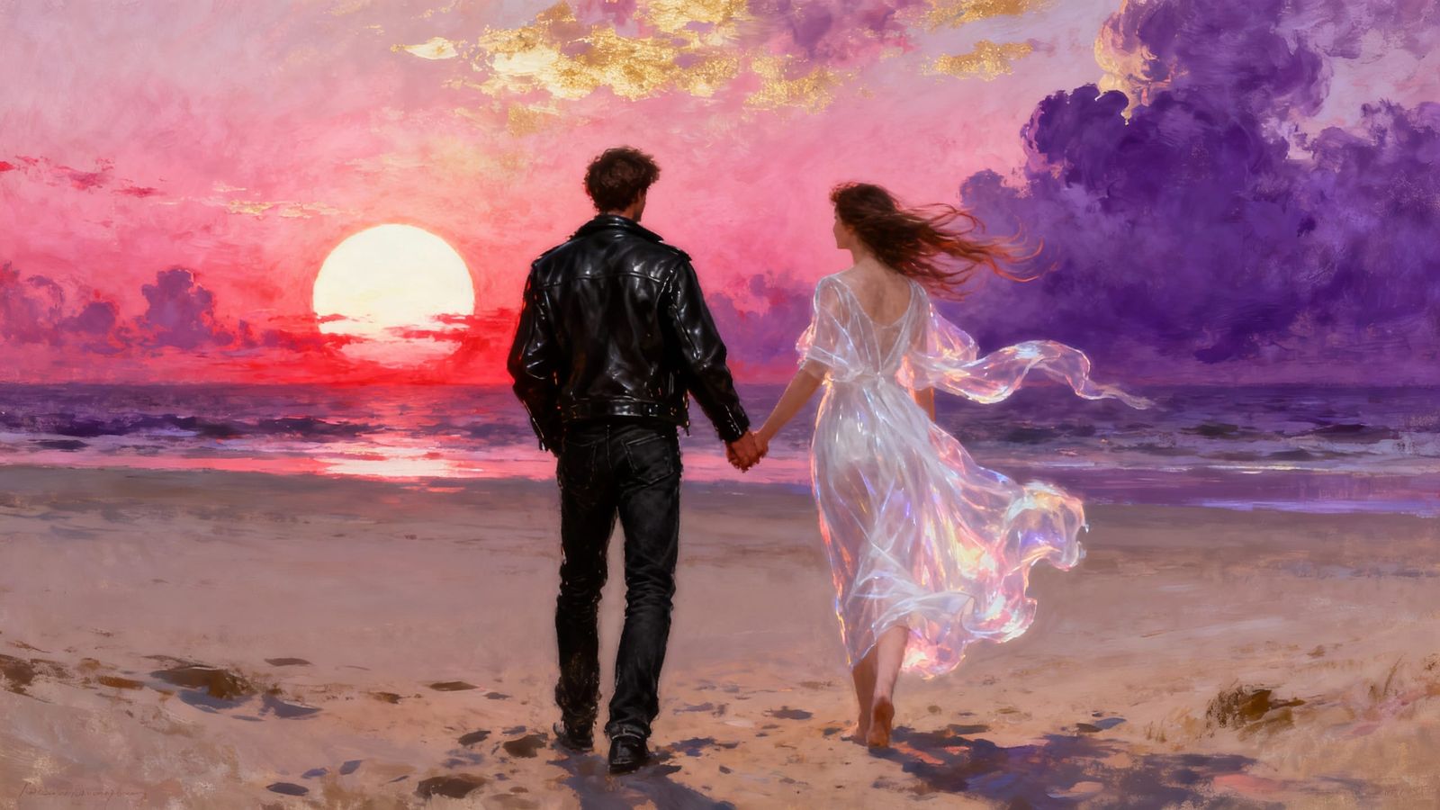 Couple's Romantic Seaside Sunset in Vibrant Digital Painting