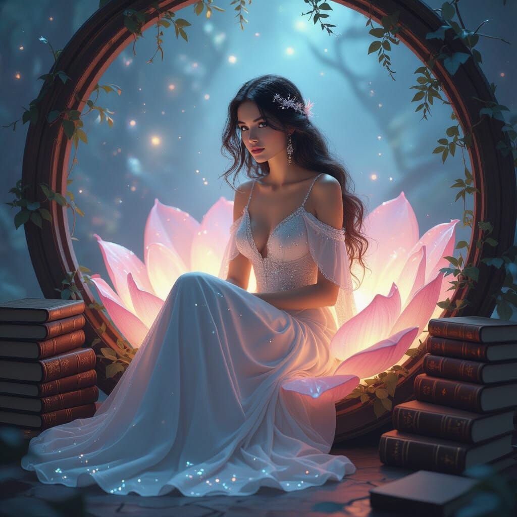 Ethereal Woman in Bioluminescent Flower Nook