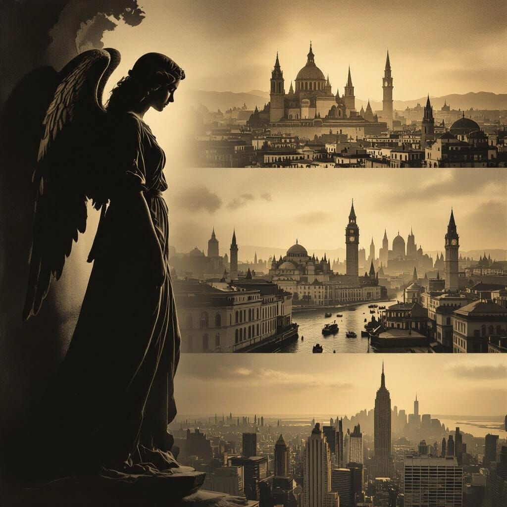 Angel's Timeless Vigil Over History in Sepia Tones