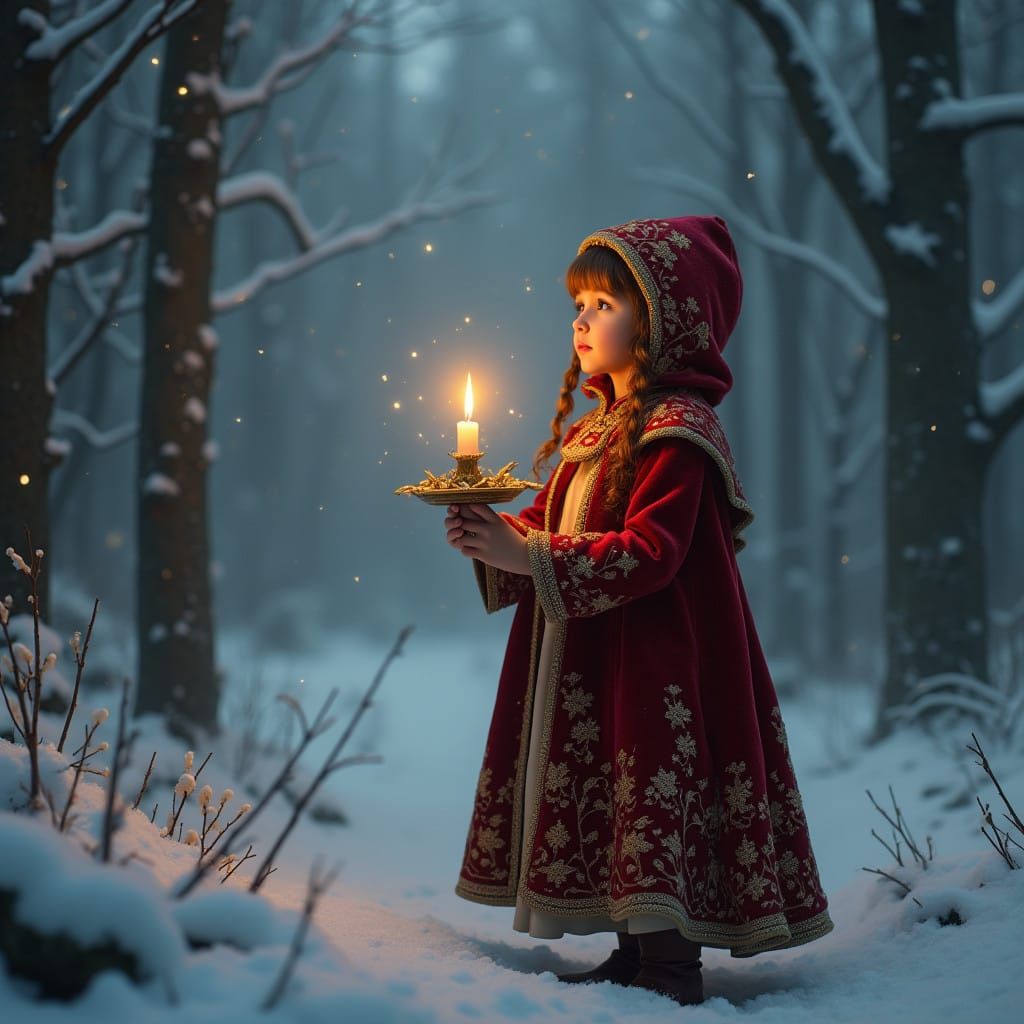Mystical Girl in Crimson Velvet, Illuminated by Christmas Ca...