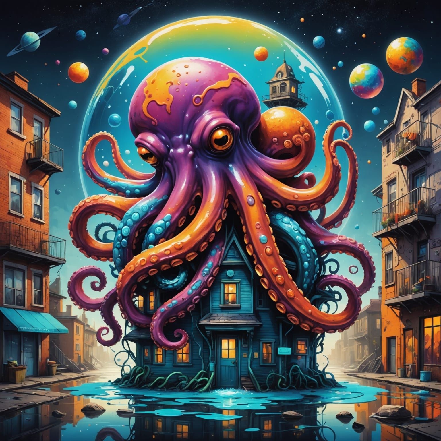 Octopus House Floating in Round Space, Graffiti Art